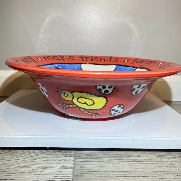 Nicole Engblom Hand Painted Large Serving Bowl Rooster Chick Egg Red Art Ceramic - Picture 6 of 14